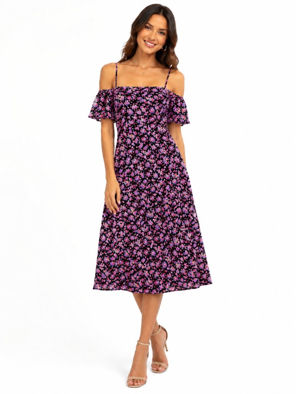 Isabel Garcia Women's Strappy Off Shoulder Dress Size S Floral Black Pink Midi